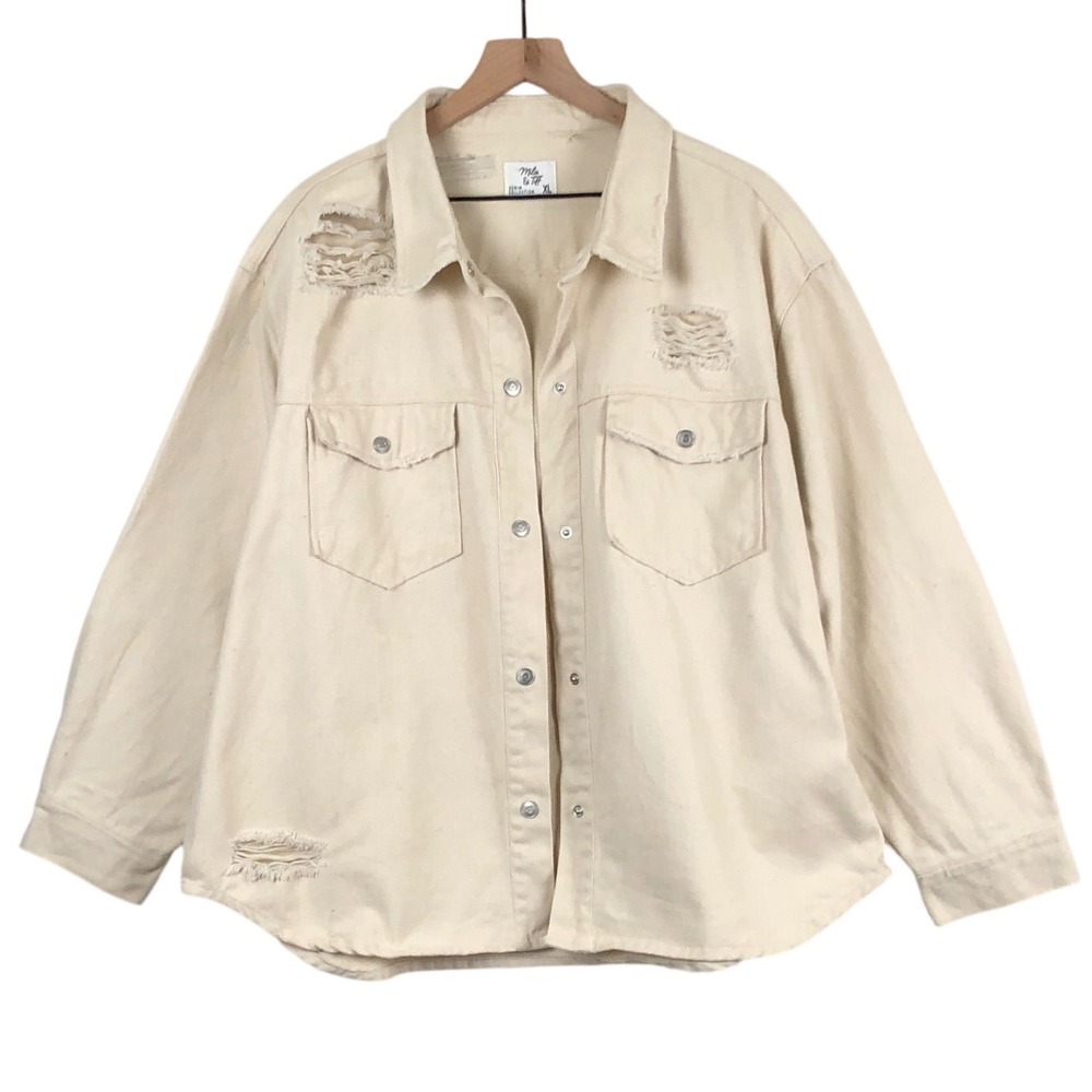 Mila & Tiff Distressed Denim Shacket Jacket Sz XL Ivory 100% Cotton Oversized